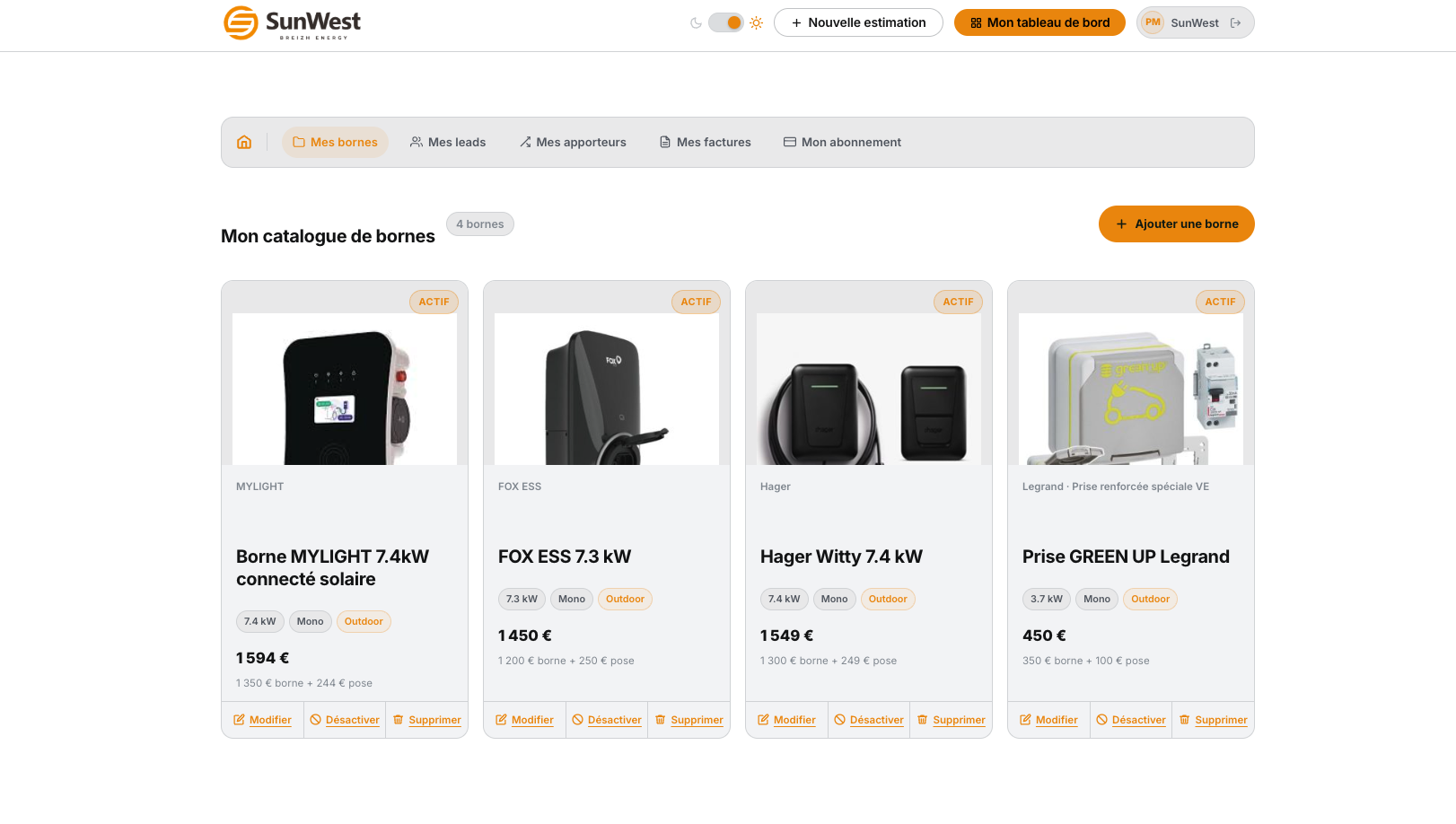 Dashboard Mes bornes & tarifs — BorneInstall